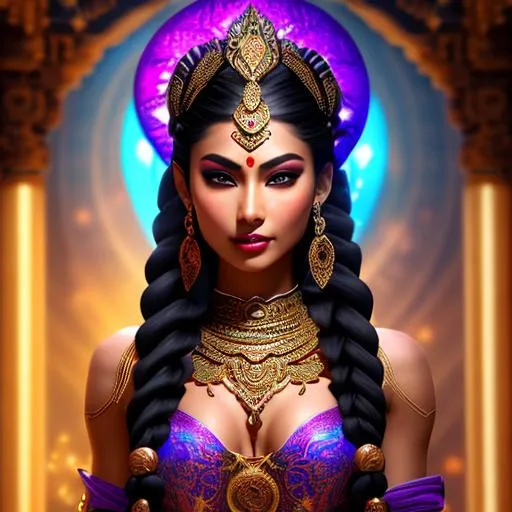 Prompt: Gorgeous, stunning, beautiful, otherworldly toned muscular Yuan-Ti martial artist goddess with long braided hair wearing a body chain and ancient Hindu clothing, full body, centered, fantasy setting, character concept, cinematic, colorful background, concept art, dramatic lighting, highly detailed, hyper realistic, intricate sharp details, octane render, smooth, studio lighting, trending on art station, 8k, HDR, unreal engine, emotive, cgi, animated, character art, iridescent, metallic