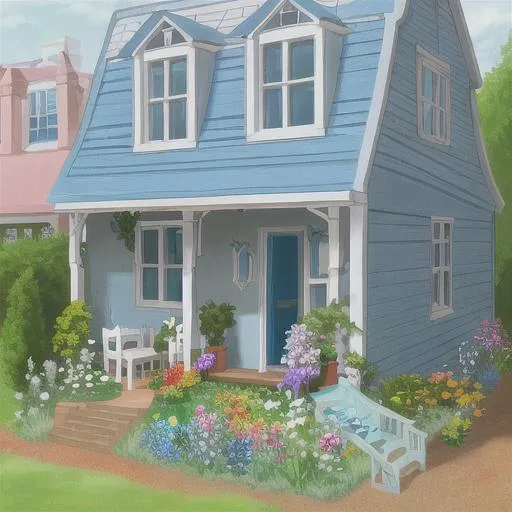 Prompt: light blue house, two-story house, garden, tiny house, flowers, kids toys