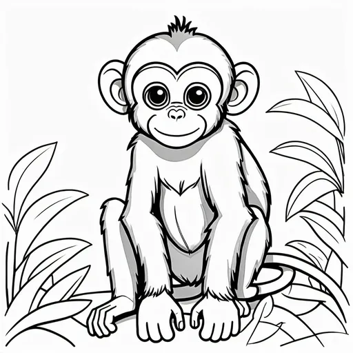 Prompt: create a simple, cute, but realistic, large, animal drawing of a monkey with no shading in thick black outline, black lines only leaving space for kids to color in, include minimal landscaping relating to the animal. Drawings to be suitable for a kids coloring book ages 2-5, make sure not to use existing works.