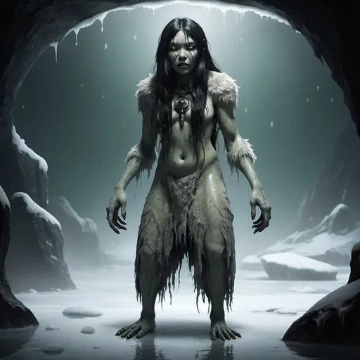 Prompt: Full body, Kalupilawit, creature from inuit folklore, female aquatic humanoid figure with grey-greenish skin and long black hair, fin-like feet and hands, skinny and slimey body, Webbed feet and hands, hollow eyes, broad but short nose, wide uncanny mouth, spooky expression, wearing a wet ragged furcoat, spooky atmosphere, RPG-fantasy, intense, detailed, game-rpg style, dark and eerie, sinister vibe, fantasy, horror, detailed character design, atmospheric, spooky ambiance, standing next to a hole in the ice