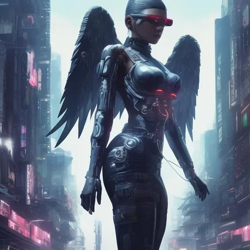 Prompt: cyberpunk angel with curvy body and beautiful eyes against a battlefield background