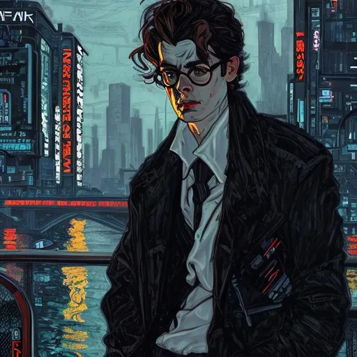 Prompt: a young man in black that looks like Alain Delon, smoking on a bridge, cinematic lighting, cyberpunk, futuristic, in the style of Egon Schiele