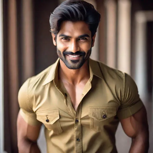 Prompt: Professional photoshoot of a handsome, beautiful, muscular Indian man with a small mustache and some stubble, wearing a short-sleeve button-up shirt, flexing his biceps, small nose, 
hyperdetailed {symmetrical eyes}, {defined shredded musculature, broad shoulders}, {sultry romantic} smile, center frame, diffused light, intricate detail, best quality, uhd, 8k, symmetry hyperdetailed {symmetrical eyes}, {defined shredded musculature, broad shoulders}, {sultry romantic} smile, center frame, diffused light, intricate detail, best quality, uhd, 8k, symmetry  