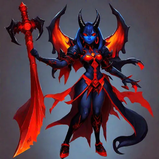 Prompt: Orcus Magical Transformation Girl, black costume with deep red trim,  deep red horns, dark blue with dark red highlights Curtained hairstyle, glowing yellow eyes, red and orange sword, red claws, blue-black ax-like tail, red and orange arm wings, masterpiece, best quality