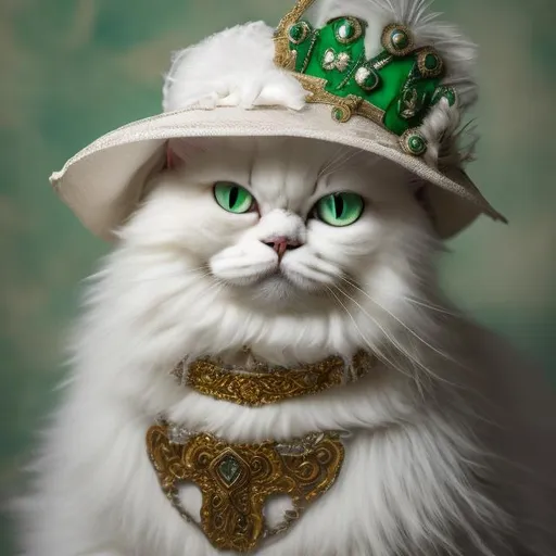 Prompt: Photo realistic image of a stunningly beautiful white Persian cat, with piercing green eyes, dressed in 1900s Renaissance clothing, complete with hat with feathered plumes, close up portrait shot, Nikon 35 mm fixed lens, natural light,