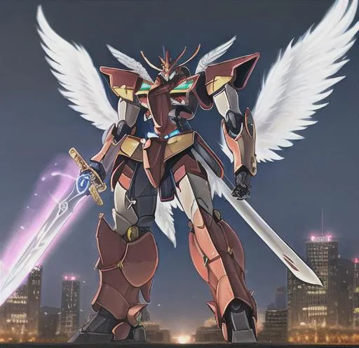 Prompt: Giant Mecha, sword in hand, standing over city background,glowing eyes, White feather wings, ultra-fine details,   
