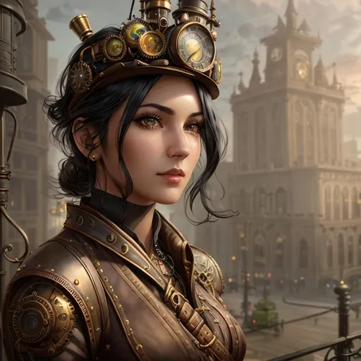 Prompt: steampunk, (high quality)+, (high texture)+, (ultra detailed)+, (detailed background)++, (perfect anatomy)+, (proper finger structure)+, (quality artwork)+, (mature woman)++, solo, detailed face, black hair, long hair, shiny hair, detailed hair, iridescent eyes, detailed eyes, google with neon trim++, (leather gloves)++, detailed accessories, detailed body)++, shiny skin, (fair skin)+, detailed skin, (bronze gears)++, road++, rain background++, (metal trees)++, (full body)+++, (sepia tones)++, (from ahead)++