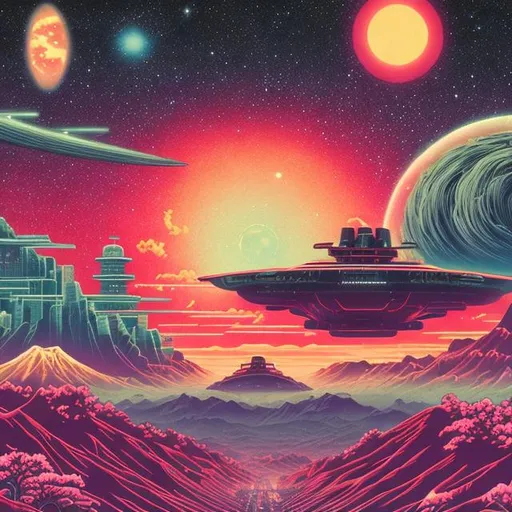 Prompt: retro imperial japan, retrowave, neon, synthwave, vaporwave, highly detailed, galaxy sky, cosmos, alien