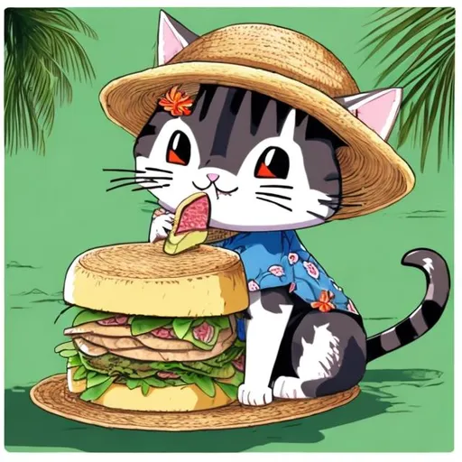 Prompt: A cat , in anime draw, wearing a straw hat,wearing a Hawaii shirt
Eating a sándwich 