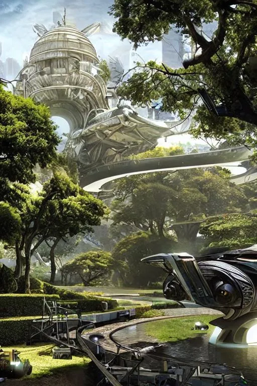 Prompt: a beautiful park with bridges and lawns and paths and baobab trees in an alien city, in the background a baroque temple, alien buildings, scifi, science fiction spacecraft is landing, multicoloured, hr giger, john berkey, daniel dociu, jeremy mann,8k resolution,highly detailed.