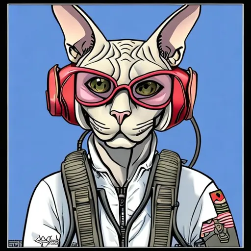 Prompt: Sphynx cat as jet pilot cartoon 