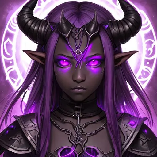 Prompt: Portrait of an adolescent, scared, innocent, beautiful tiefling girl with very dark ash skin, wrap-around symmetrical horns, wearing tattered leather armor holding up a glowing, light purple psionic blades