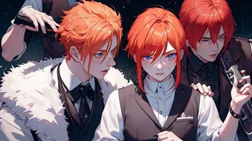 Prompt: Erikku male (short ginger hair, freckles, right eye blue left eye purple) UHD, 8K, Highly detailed, insane detail, best quality, high quality. As the godfather, mafia, crime lord, holding a chainsaw