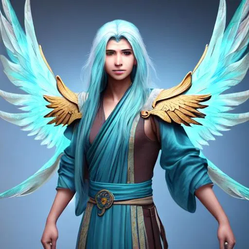 Prompt:  Vegito, Aasimar, big wing, 8k, full Hd, realistic, monk aesthetic, radiance, wings, Cyberpunk, uhd, 14k, dragon ball z, blue hair, yellow hair, fusion