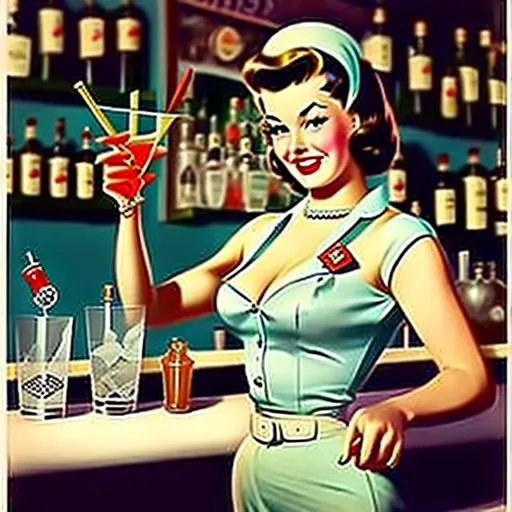 1950's pin up, bartender, holding a shaker glass, ma...