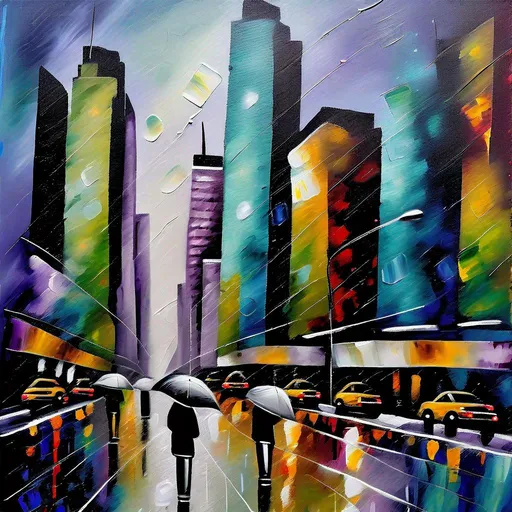Prompt: A rainy day in The city of new your painting looking at a city street with tall sky scrapers on the side painting textured abstract 