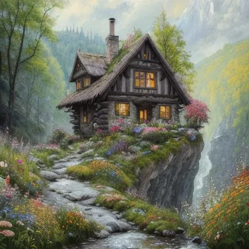 Prompt: fairytale rock cabin caught in a Chaotic Whirlwind Of Wildflowers And Leaves, river, bridges, cobblestone path,  Intricate Details, Aesthetically Pleasing And Harmonious Natural Colors, Art By Marco Mazzoni, Impressionism, Detailed, Dark, Flowers Heavy Brushstrokes, Textured Paint, Oil Painting, Dramatic, 8k, Trending On Artstation, Painting By Vittorio Matteo Co, Heavy Brushstrokes, Textured Paint, Impasto Paint, Highly Detailed, Intricate, Cinematic Lighting, Oil Painting, Highly Textured Skin, Dramatic, 8k, Trending On Artstation, Painting By Vittorio Matteo Corcos And Albert Lynch And Tom Roberts

