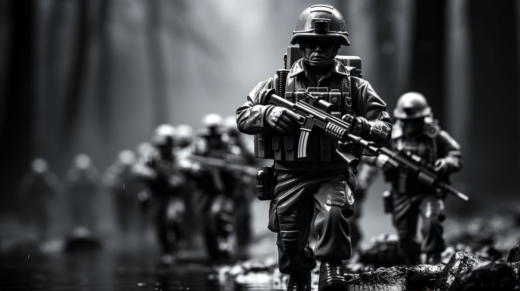 Prompt: war toy soilders going to war, black and white