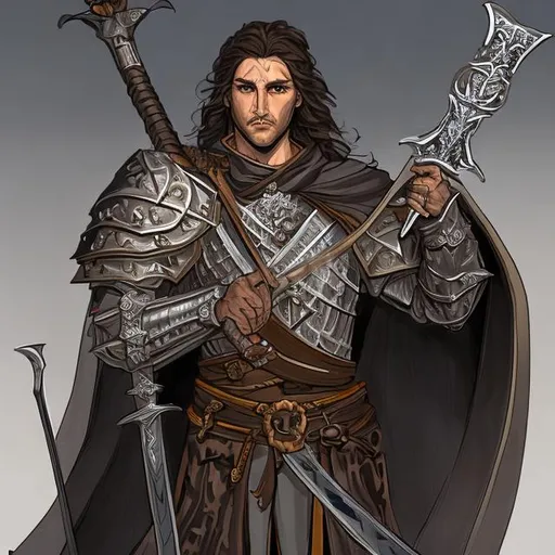 Prompt: a dnd character - Paladin of Vengeance , 5e, based on the serbian king Car Dusan 

in each hand he holds a two handed sword, 

His hair is dark and long


the background is a serbian monastery

both swords are visible

