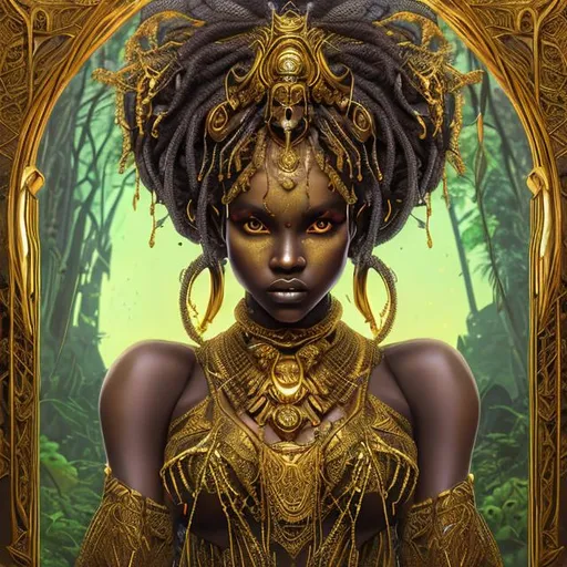 Prompt: mdjrny-v4 style portrait photograph of Shudu Gram as Oshun, young beautiful African goddess of fertility woman, perfect symmetrical face, her golden dress and jewelry that makes her dark skin glow, armed female hunter warrior, (((wild Africa))) environment, Africa landscape, ultra realistic, concept art, elegant, ((intricate)), ((highly detailed)), depth of field, ((professionally color graded)), soft ambient lighting, dusk, 8k, art by artgerm and greg rutkowski and alphonse mucha