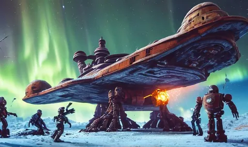 Prompt: huge old rusty spaceship getting repaired  by robots ice planet sparks fire welding people working aurora many colours   guard drinking milk enhance detail 