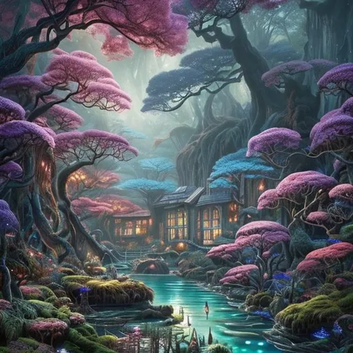 Prompt: A breathtaking inlet nestled within a enchanting creek, inspired by the fantastical worlds of Studio Ghibli and Virgil Finlay. Immersed in the beauty of nature, the scene is captured through an organic c-type photo, highlighting the intricate details and vibrant colors. The image evokes a sense of wonder and serenity, inviting viewers to explore and connect with the ethereal landscapes portrayed in the prompt.