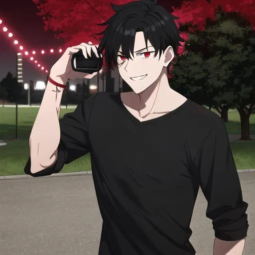 Prompt: Damien (male, short black hair, red eyes) in the park at night, grinning sadistically, casual outfit, dark out, nighttime