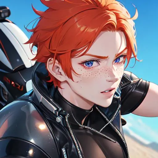 Prompt: Erikku male (short ginger hair, freckles, right eye blue left eye purple) muscular, riding a motorcycle. UHD, 8K, Highly detailed, close up shot of the motorcycle, insane detail, best quality, high quality