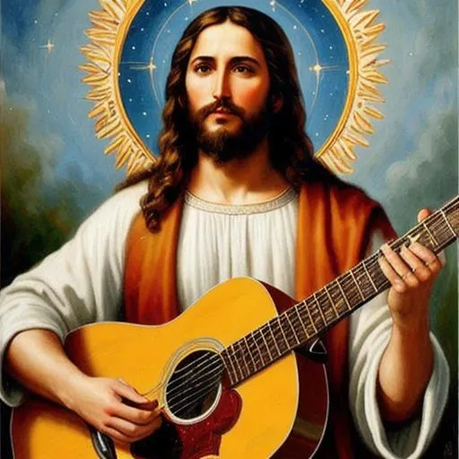 Jesus Christ playing the guitar in the heavens, beau... | OpenArt