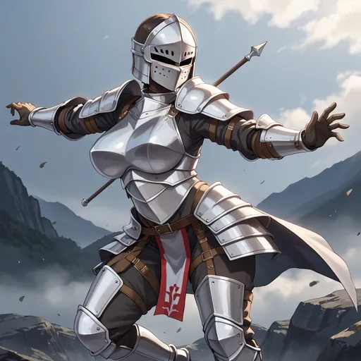 Prompt: Female knight, heavy armor, curvaceous, dynamic pose