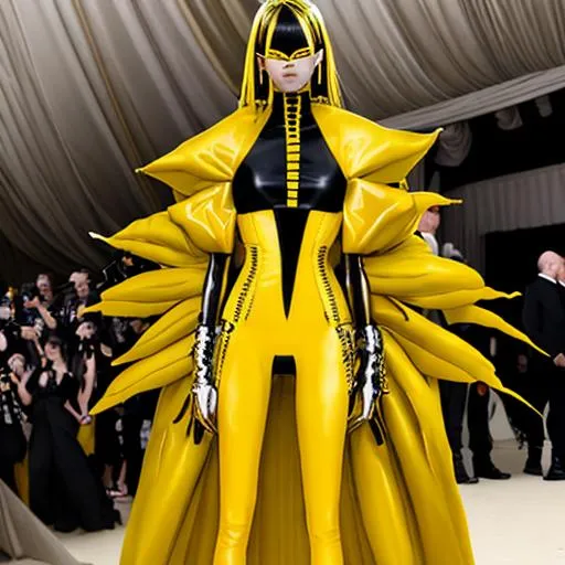 Prompt: Met Gala 2099 by rick owens, theme is yellow