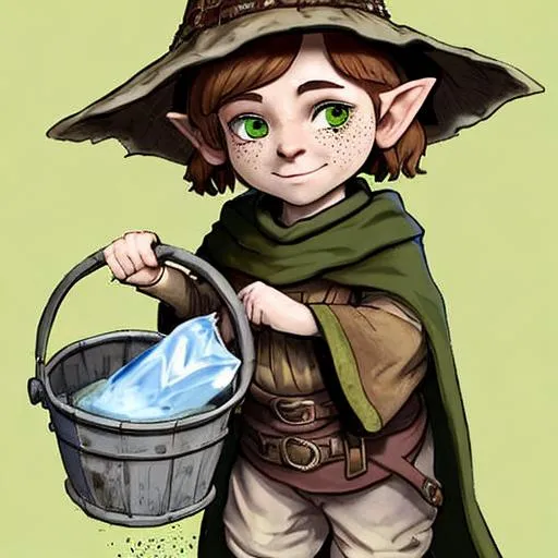 Prompt: A female halfling commoner carrying a bucket of water. They are wearing a dirty cloak with a brass clasp. They have short tousled, brown hair and green eyes. Their skin is olive, and they are spotted with freckles