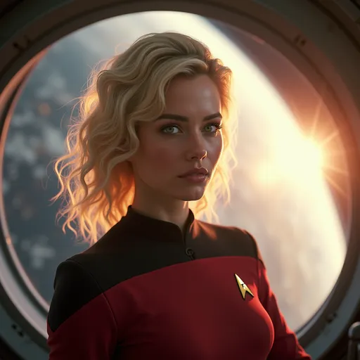 Prompt: A beautiful blonde woman with the face of  Jennifer Lawrence dressed in the StarTrek lower decks uniform. Behind her you can see part of the spaceship and a large window overlooking Earth's orbit. The sun's rays filter through the window creating a magical and warm atmosphere.