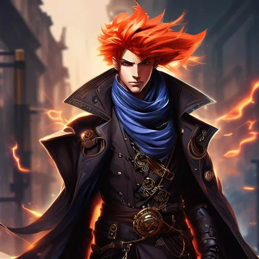 Prompt: Splash art, genasi sorcerer, trench coat, ginger, flame hair, steampunk, victorian, sci-fi, very detailed character
