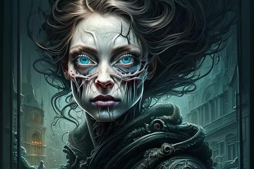 Prompt: (delightful anatomy:1.1), (gloomy illumination, insane, stunning, dramatic, completed artwork, HQ:1.1), (Apterus anatomy, Dan mumford style:1.2) a matte painting of an insanely beautiful female futristic, space,, sharp focus on blue eyes, insanely detailed black hair, symmetrical, wet luscious lips, intricate details, professionally retouched, elegant, 8k high definition, by artgerm and greg Rutkowski, lighting by albert Bierstadt, cinematic, tarantino style