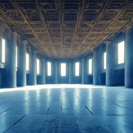Prompt: temple 
 of emptiness

     In the hall of emptiness, an empty hall without people, objects, only a blue light that can communicate, wandering aimlessly, waiting for someone to wander to fill the empty and pleasant world. bored of this