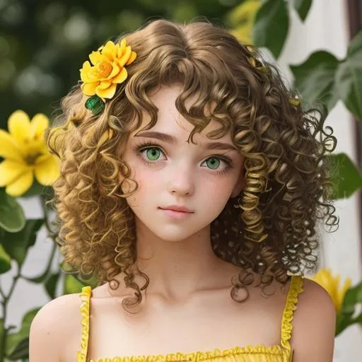 Prompt: A girl curly hair ,green eyes, wearing yellow, yellow flower in hair