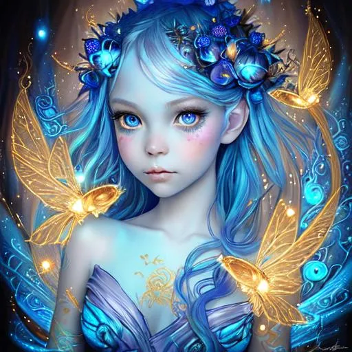 Prompt: Insanely_detailed blue hue glowing Fairy portrait by Jasmine Becket-Griffith. Glowing golden fireflies and swirly liquid metal paint ! 16k HDR Perfect composition, award winning details. natural eyes. concept art, deviant art