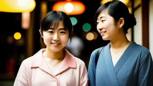 Prompt: a close-up photograph of a young mid-20s Japanese lesbian couple together in Tokyo, Japan. Both ladies dress feminine. soft lighting, sensual mood. taken with a Bokeh lens with DSLR camera. 