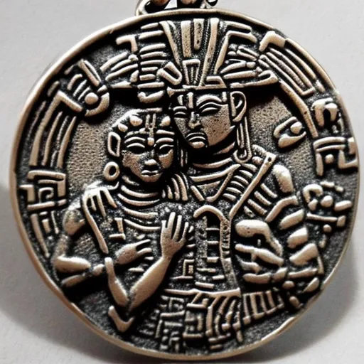 a small metal pendant of a man holding a limp woman...