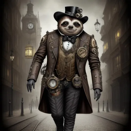 Prompt: A photorealistic steampunk sloth, dark clothing with many embellishments, monocle, walking through Victorian London, artgem 