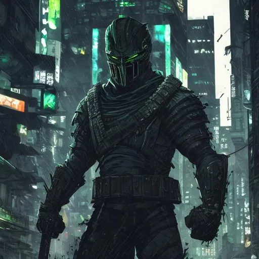 Prompt: Original villain.  Brawn. Sinister. Spartan. Very Dark image with lots of shadows. Background partially destroyed neo Tokyo. Noir anime. Gritty. Dirty. Black with neon forest green accents. armour. Creepy mask. Bionic enhancements. 