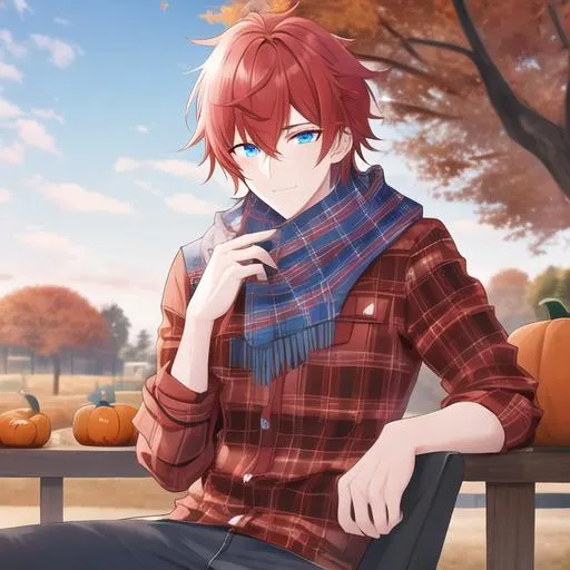 Prompt: Zerif 1male (Red side-swept hair covering his right eye, blue eyes), highly detailed face, wearing a cozy flannel shirt and a pair of stylish jeans. In the park, fall.  wearing a scarf, looking up at the sky, in a pumpkin patch, adult. Handsome,  detailed, UHD, HD, 4K, highly detailed, red haze, masculine, anime style