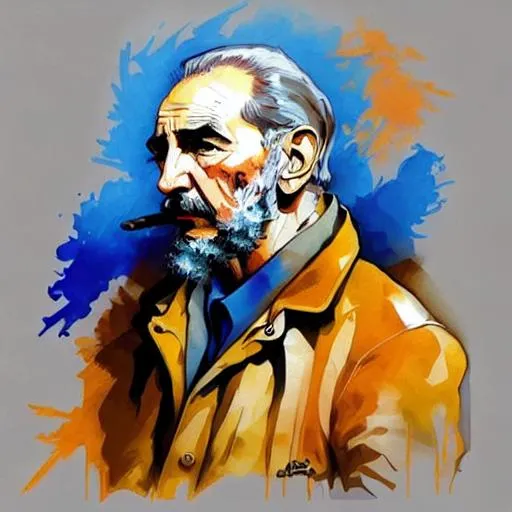 Prompt: Graffiti art of Fidel Castro smoking a cigar 