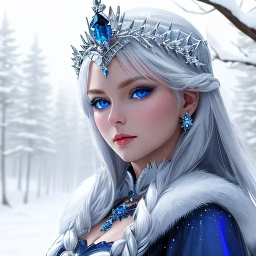 Snow queen, wearing sapphire jewelry , blue eyes