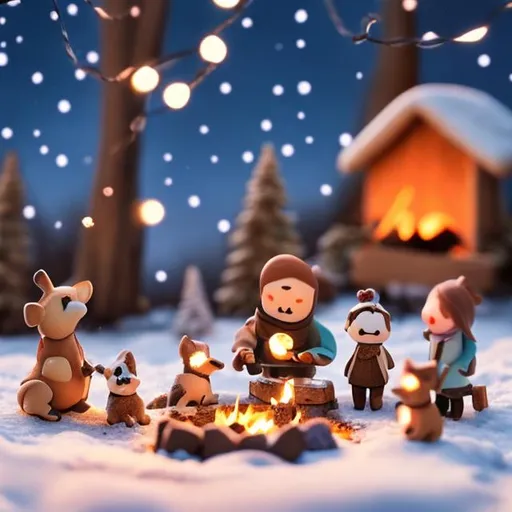 Prompt: tiny friends and a dog making smores at tiny wooden campfire string lights on a starry night in the snow
