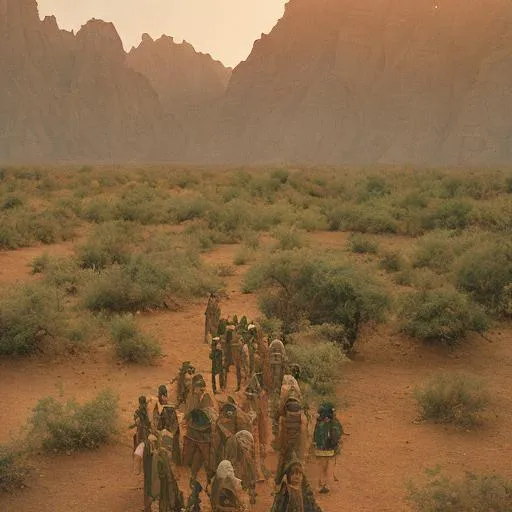 Prompt: A group of future explorers at a futuristic Indian civilization found in a valley between mountains of an alien world with alien plants, cinematic lighting photo-realistic
