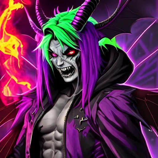 Prompt: handsome man, monster, demon, fire, purple, neon, black, vampire teeth, strong and body, neon green and purple hair, hood, monster wings, king, , goat, vampire teeth, red eyes, mask, horns, satan