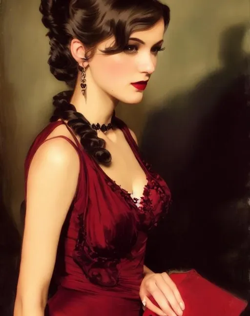 Prompt: Beautiful female toreador from vampire the masquerade, Haddon Hubbard Sundblom, post-impressionist style oil painting, 1930's clothing, 1930's hairstyle, very detailed, photorealistic, UHD