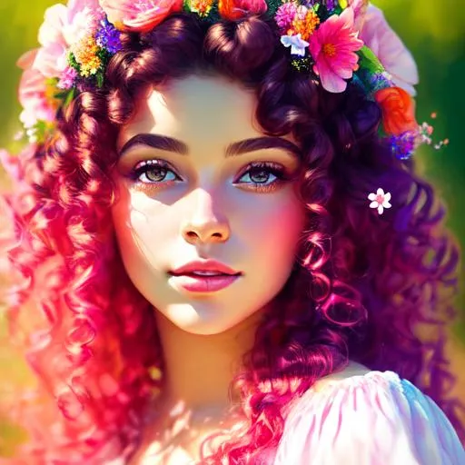 Prompt: a young fairy of spring, very curly hair, pink glow on cheeks,wildflowers, vivid colors, closeup